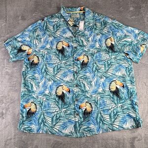 Caribbean Shirt Mens 2XB Blue Hawaiian Silk‎ Blend Short Sleeve Tucan New $89